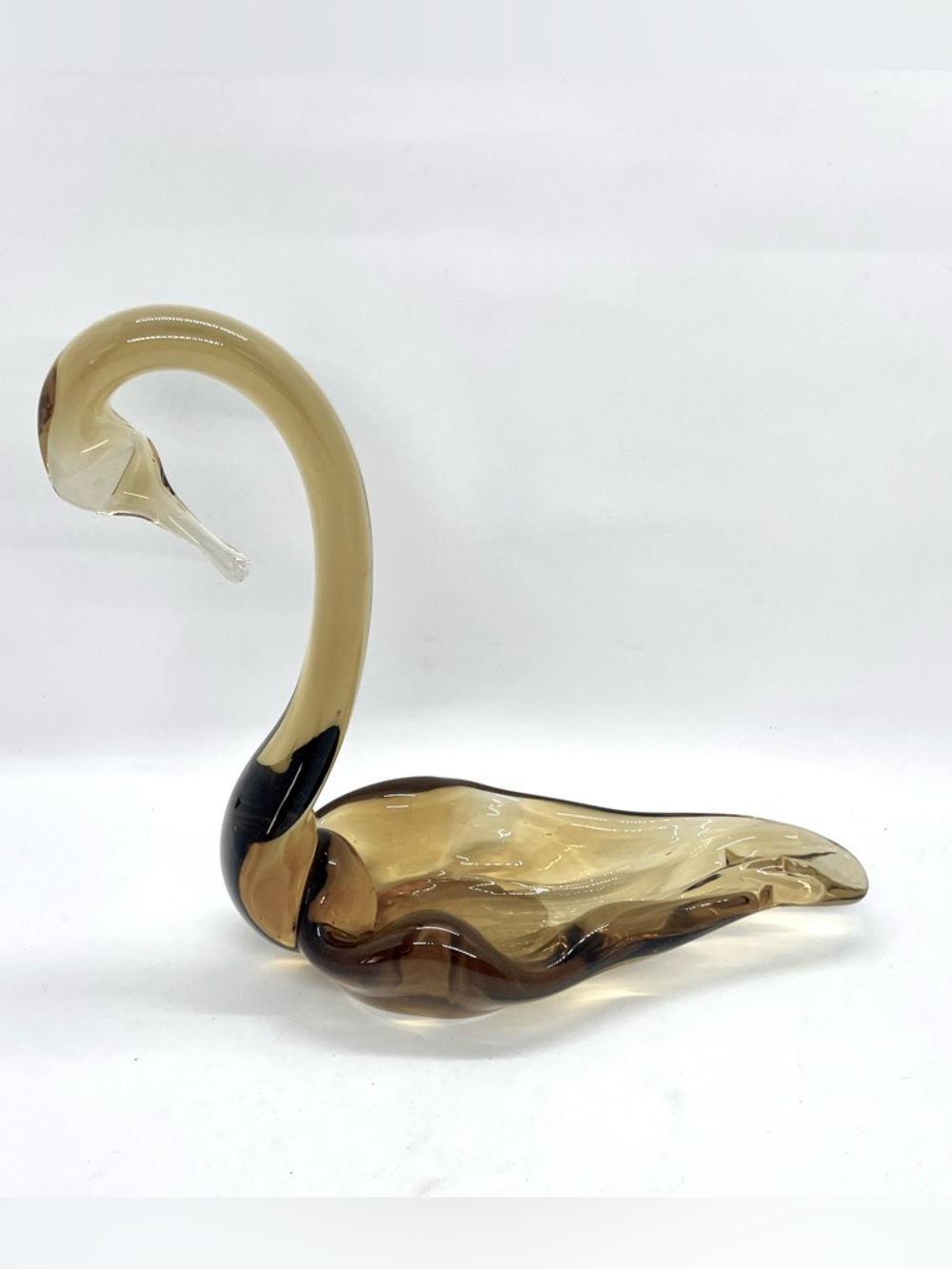 Vintage MCM Smoky Art Glass Swan Dish Hand Blown Brown Amber Centerpiece Bowl 8"